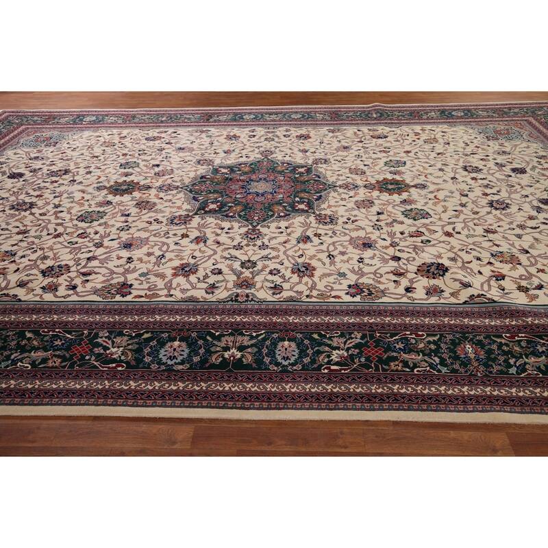 Vegetable Dye Floral Agra Large Indian Rug Hand-Knotted Wool Carpet - 11'6" x 17'9"