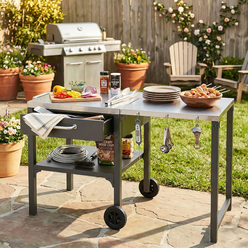 Portable Foldable Outdoor Kitchen Prep Station, BBQ Grill Cart with Expandable Top and Storage for Patio