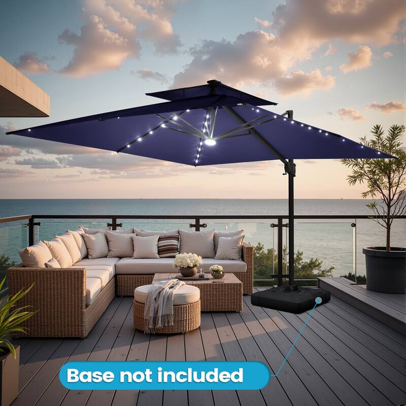11 FT Square Outdoor Premium Double Top Solar Powered LED Patio Cantilever Umbrella - Navy Blue
