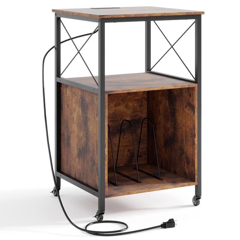 Mobile Record Player Stand with Power Outlet with Open Shelf and Dividers-Rustic Brown - Multi