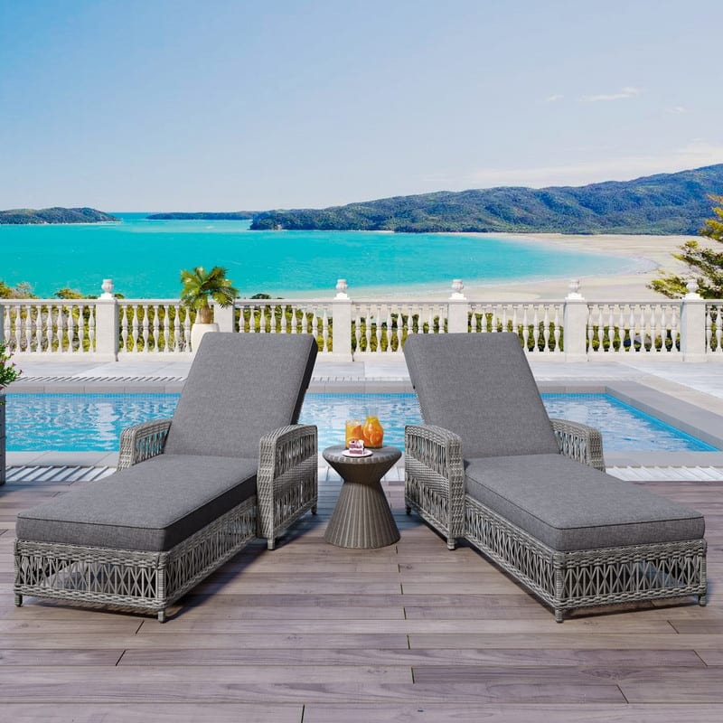 Outdoor Patio Wicker Rattan Pool Lounge Chaise with 4-Position Adjustable Backrest&Arm - Grey-Set of 2