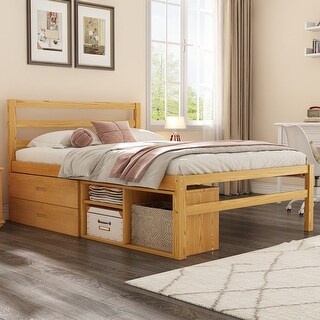 Natural Wood Full Size Platform Bed Frame w/Removable Storage Shelves, Built-in Two Storage Drawers, Headboard for Kids, Teens