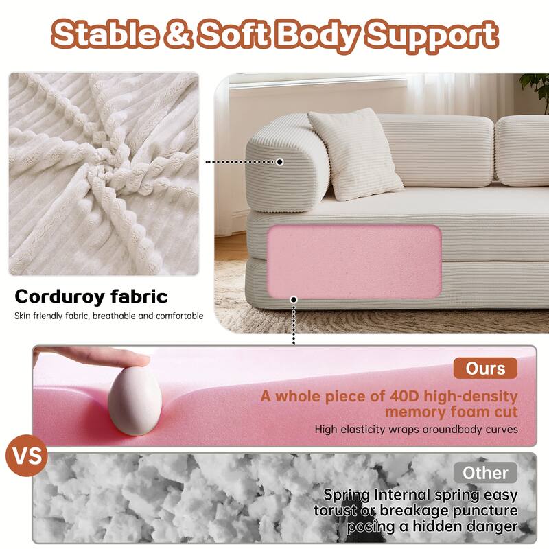 Convertible Floor Sofa Bed, 5-in-1 Modular Compressed Couch with Blanket Pillow, Corduroy Foam Sleeper