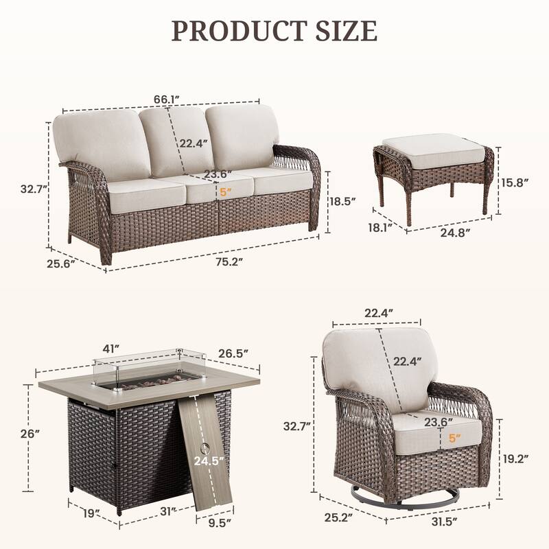 Pocassy Outdoor Fire Table with Swivel Chair Sofa Ottoman Funiture Set.