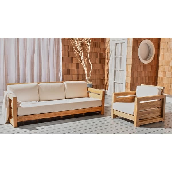 slide 2 of 14, SAFAVIEH Couture Outdoor Patio Furniture Guadeloupe 3-Seat Patio Sofa - Modern Slatted Frame Design with Cushions