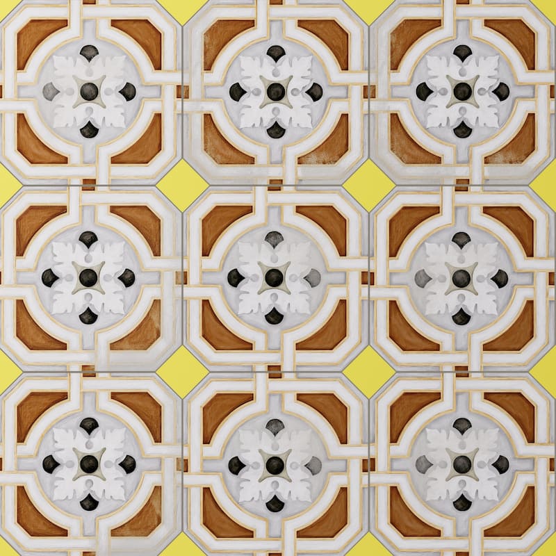 Merola Tile Vaudeville Octagon Deco Zimmer with Taco Lima 7-7/8" x 7-7/8" Porcelain Floor and Wall Tile