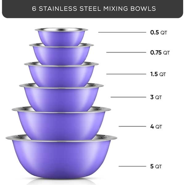 dimension image slide 2 of 4, JoyJolt Stainless Steel Food Kitchen Mixing Bowl - Set of 6 - .5QT .75QT 1.5 QT 3QT 4QT 5QT