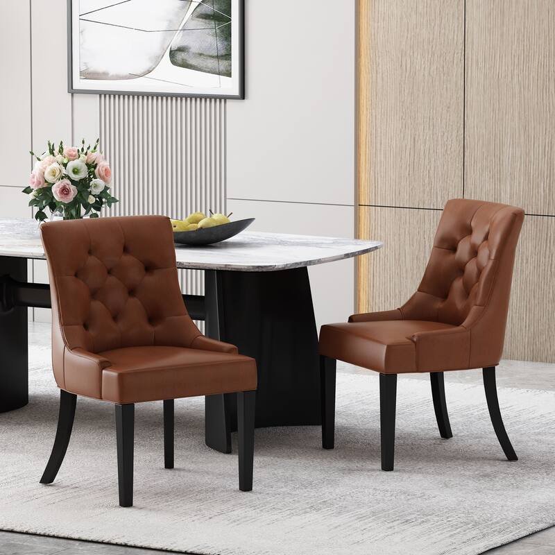 Dining Chairs Set of 2, Tufted Faux Leather Dining Room Chairs with Wood Legs, High-Backed Upholstered Chairs for Kitchen
