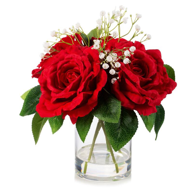 Enova Home 4 Large Silk Rose Flowers in Clear Glass Vase with Faux Water for Home Office Decoration