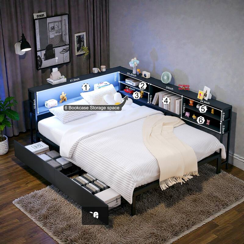 Corner Daybed with Storage Drawers and Bookcase Headboard, LED Light, USB Charging Station, No Box Spring Needed