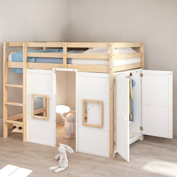 slide 2 of 7, Twin Size Loft Kids Bed with Built-in Storage Wardrobe and 2-Windows, Natural/White聽 Natural/White 
