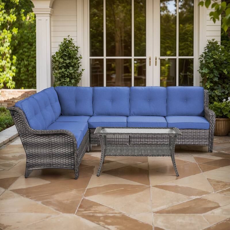 Outdoor Conversation Sets 2 Sectional Sofa Furniture - Sectional Sofa with Table - Grey Rattan - Blue Cushion