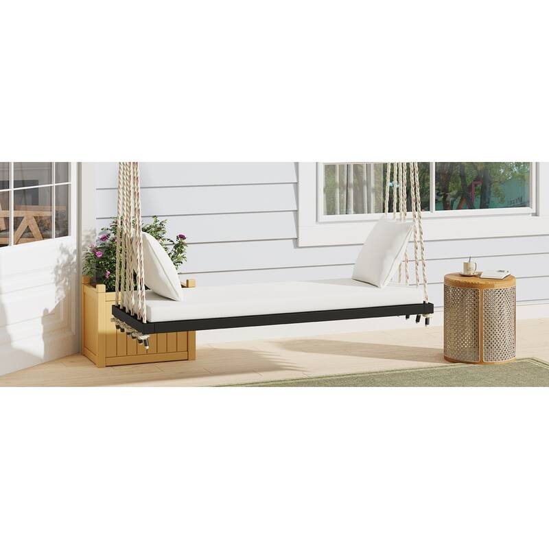 Patio Wooden Hanging Porch Swing Bench with Cushion and Pillows for Garden and Backyard