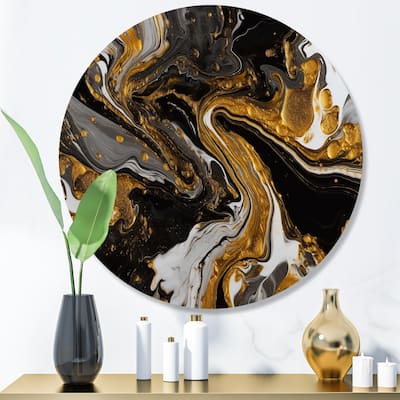 Designart "Gold Black Marbled Dreamscape II" Modern Geometric Metal Round Wall Art