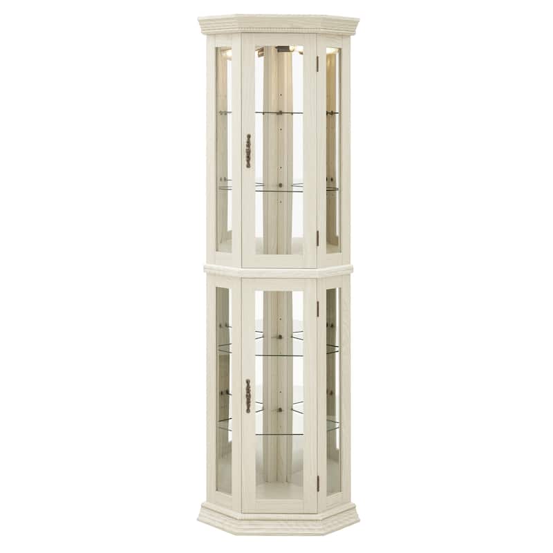 Lighted Corner Curio Cabinet Glass Display Shelf Tempered Doors Adjustable Shelving White