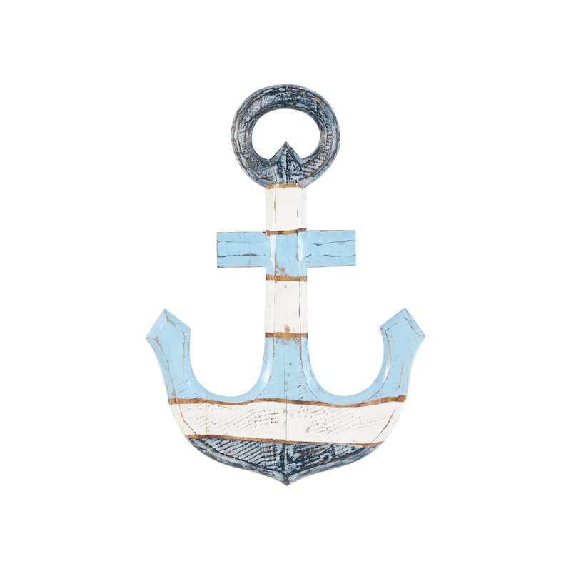 Blue Wood Distressed Anchor Home Wall Decor with Brown and Cream Accents