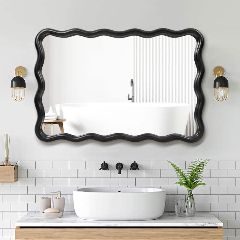 Scalloped Wood Frame Rectangle Wavy Wall Mirror