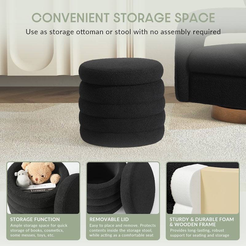 Bayville 16" Tall Sherpa Round Ottoman With Storage