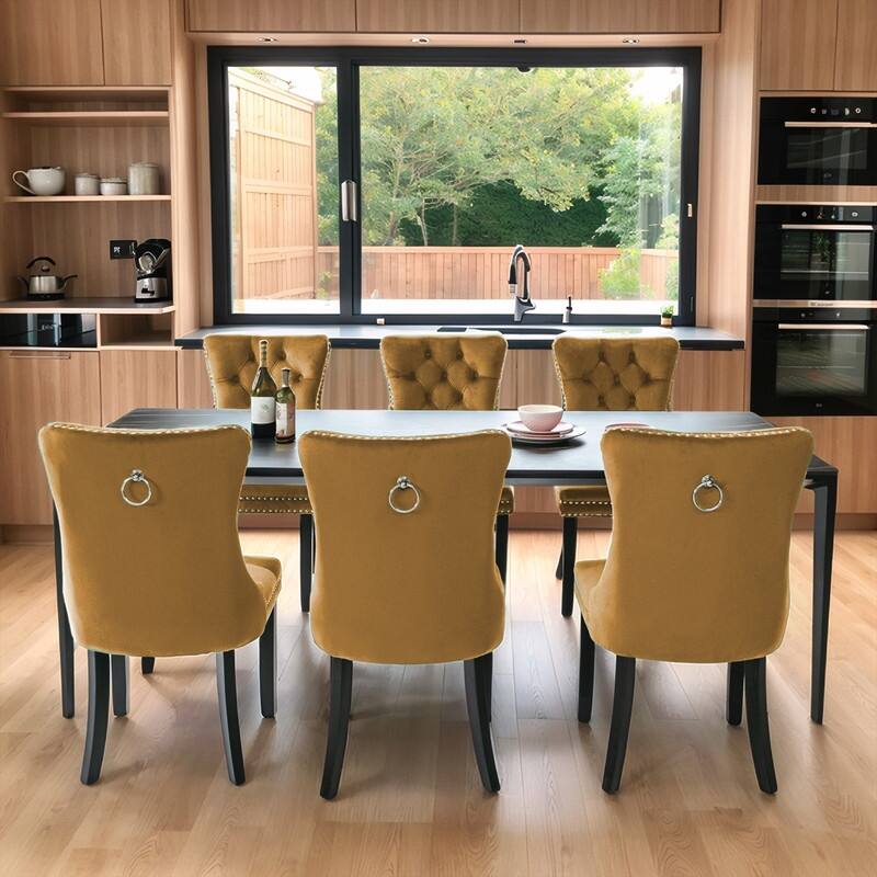 Modern Tufted Velvet Upholstered Nailhead Dining Chair Set of 6 - Yellow