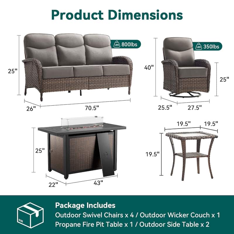 Pocassy Outdoor Sofa Swivel Chair and Ottman with Fire Pit Table
