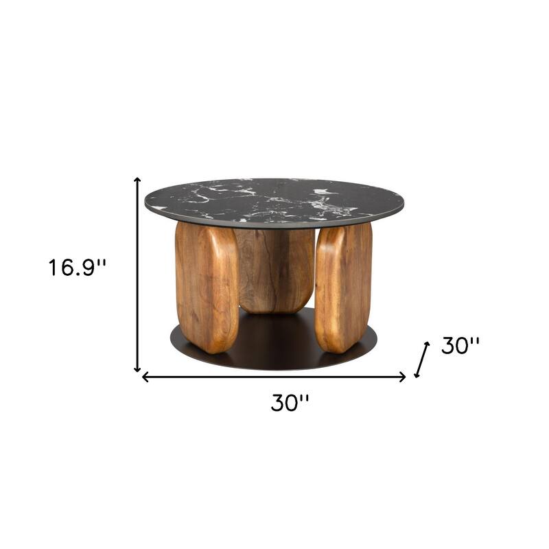 HomeRoots 30" Black and Brown Genuine Marble Marble and Solid Wood Round Coffee Table - 30.00 in. x 16.90 in. x 30.00 in.