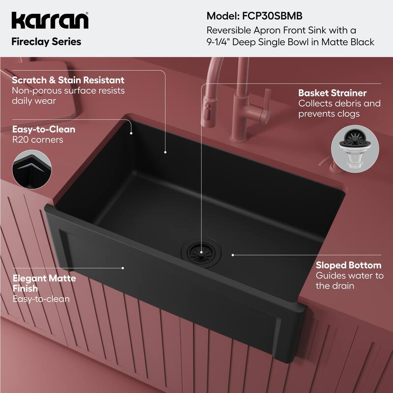 Karran 30" Single Bowl Panel Front Farmhouse Fireclay Kitchen Sink with Reversible Apron Front