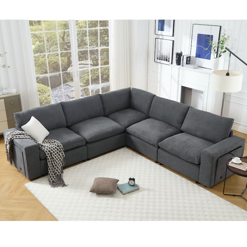 141.5" Linen Modular L-Shaped Sectional Sofa with Charging
