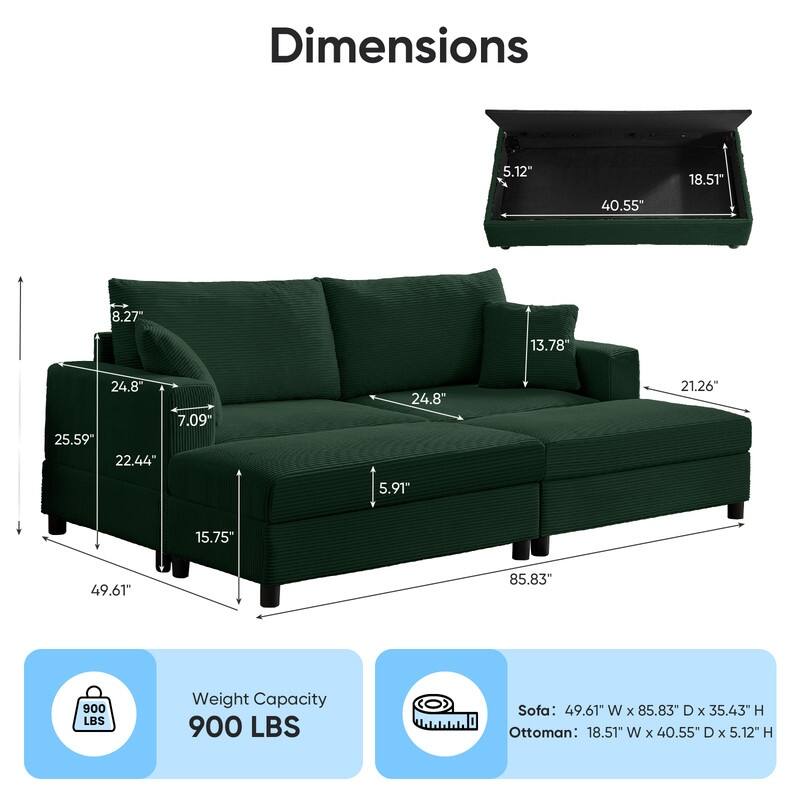 Mixoy Corduroy Chaise Lounge Deep Seat Sleeper Sofa Chair with Storage Ottoman,Upholstered 1-Seater/Loveseat Sofa Couch