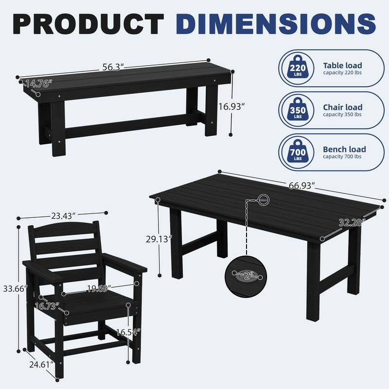 6-Piece HDPE Outdoor Dining Table Sets with Umbrella Hole - 1-Table 4-Chairs-1-Bench
