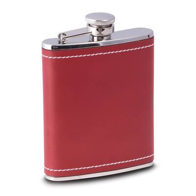 Curata 6 Ounce Stainless Steel Red Genuine Leather and White Stitch Flask