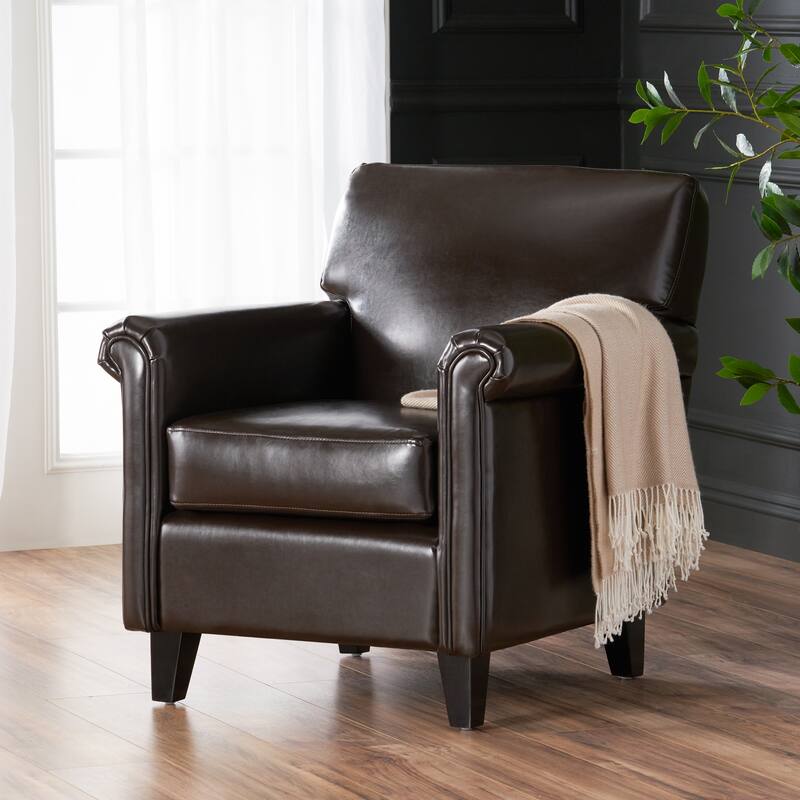 Roomfitters Modern Faux Leather Armchair, Rolled-Arm Accent Chair, Living Room Seating, Brown