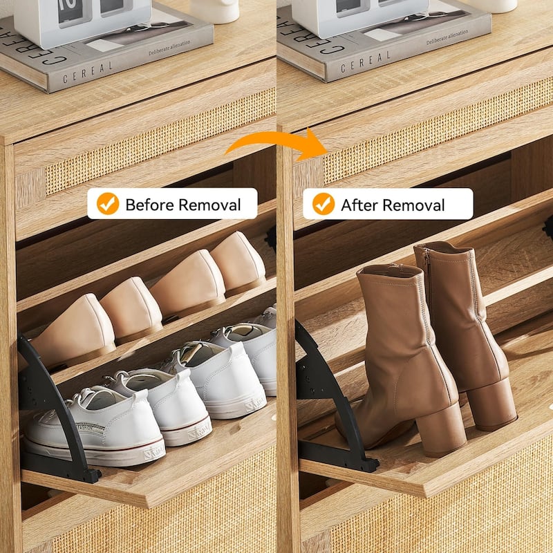 Natural Rattan 2 Flip Door with 1 Drawer Shoe Rack Storage Cabinet