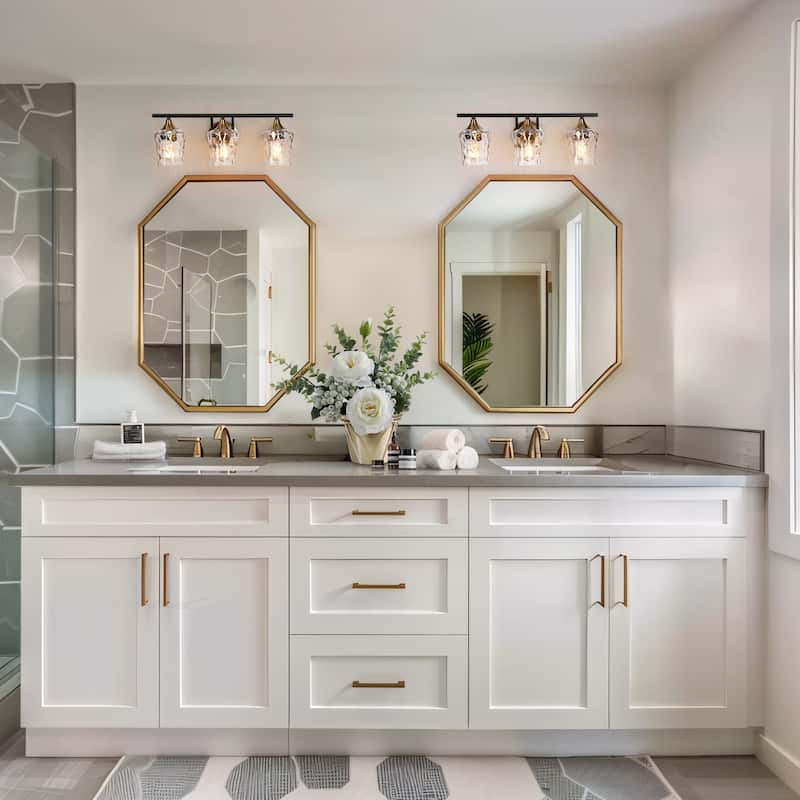 2/3/4-Light Modern Gold Black Bathroom Vanity Light Wall Sconce with Hammered Glass