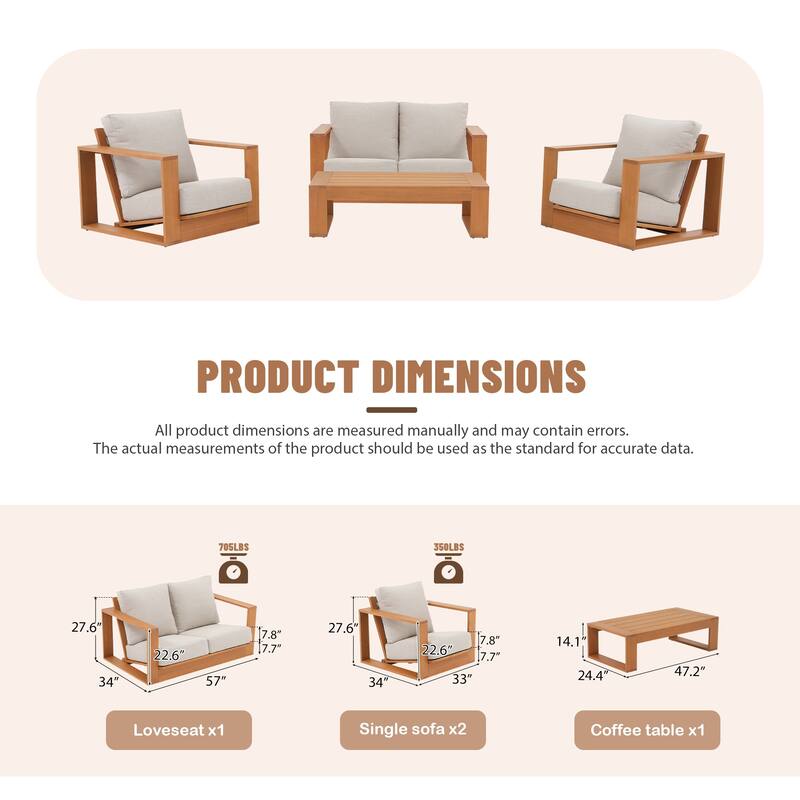 Outdoor Conversation Set 4-Piece Eucalyptus Wood Sofa Weather‑resistant Rope Weave Loveseat with Coffee Table