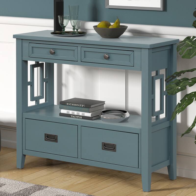 36'' Pine Entryway Table Console Table with 4 Drawers & Open Shelf, Farmhouse Side Table Sofa Table for Entryway Living Room