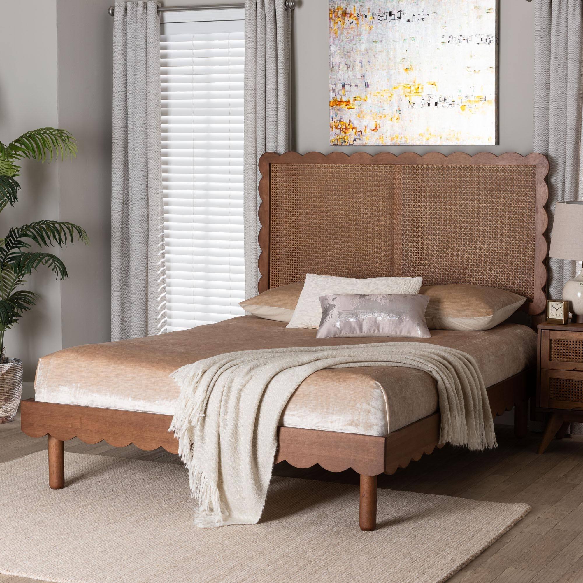 Orianthe Scalloped Platform Bed with Woven Rattan Headboard - Solid Wood Bed Frame with Curved Edge Design, Queen Size