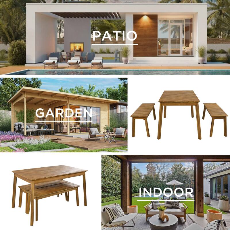 Outdoor & Indoor 3 Pieces Acacia Wood Picnic Beer Table Bench Dining Set