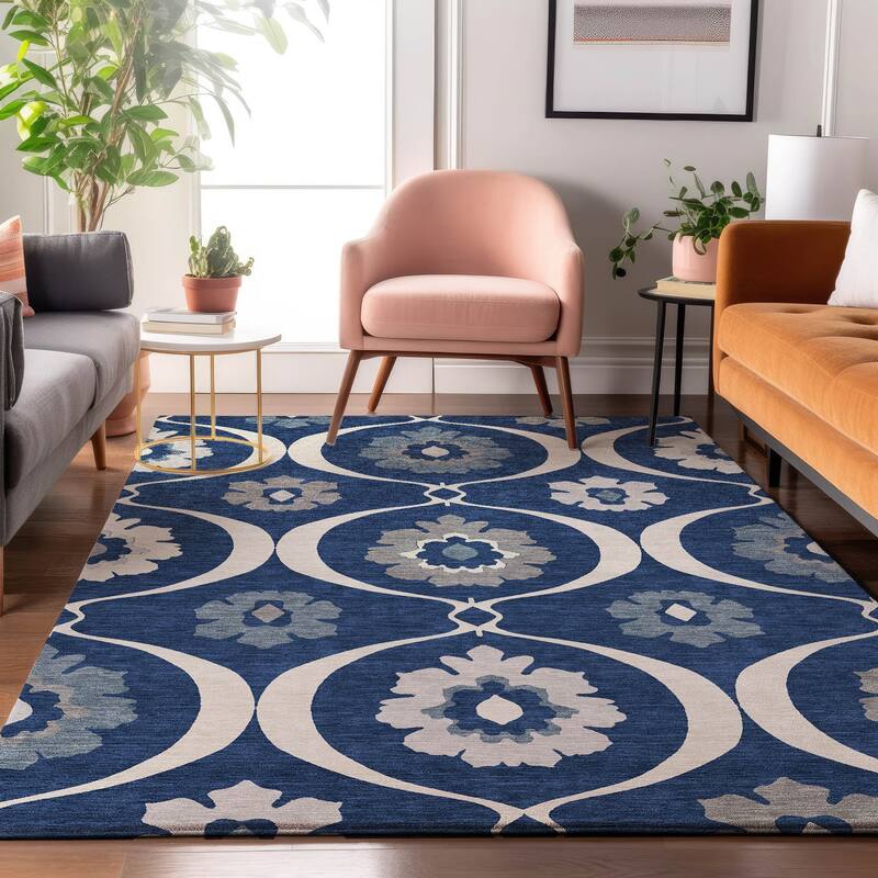 Premium Washable Super Soft Floral Scallops Mayfield Rug - Navy - 3' x 5'