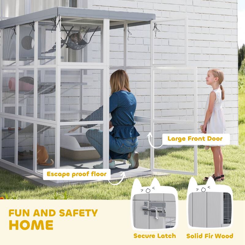PawHut Catio Outdoor Cat Enclosure, Large Luxury Cat House Outside with Hammock, Condo, Jump Platforms, Ladders, 71"