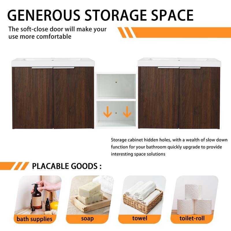 Bathroom Vanity With Sink In 24/36/48/60/72/84 Inch, Floating Bathroom Vanity With Soft Close Door and Shelf