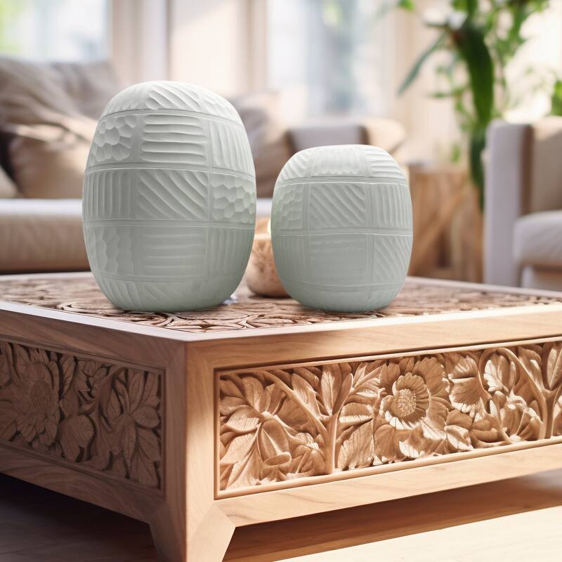 Set of 2 Decorative Handmade Glass Round Carved Vase in White
