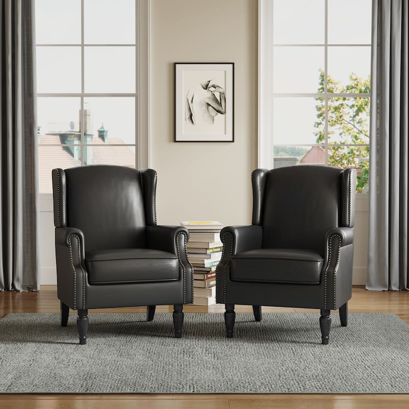 Upholstered Nailhead Trim Armchair Wingback Accent Chairs Set of 2 - Black Leather