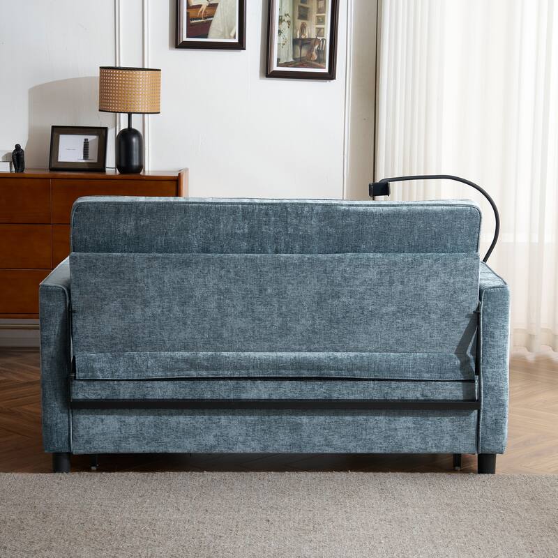 Roomfitters Loveseat Pull-Out Sofa Bed with Reversible Backrest Cushion, Side Pockets, USB Ports, and Phone Holder