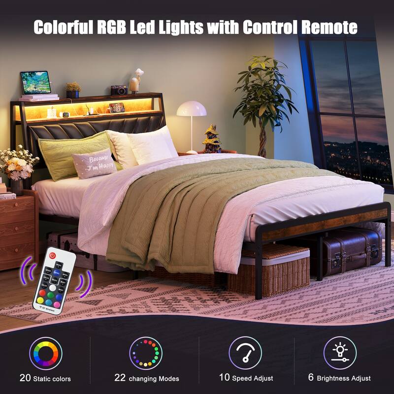 Full Size LED Platform Bed with Storage Headboard, Charging Station