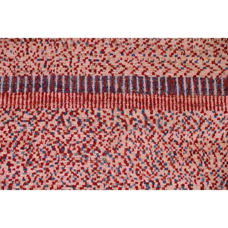 Hand Knotted Oriental 100% Wool Carpet Modern Checkered Pink Moroccan Area Rug - 8' 2'' X 5' 5''
