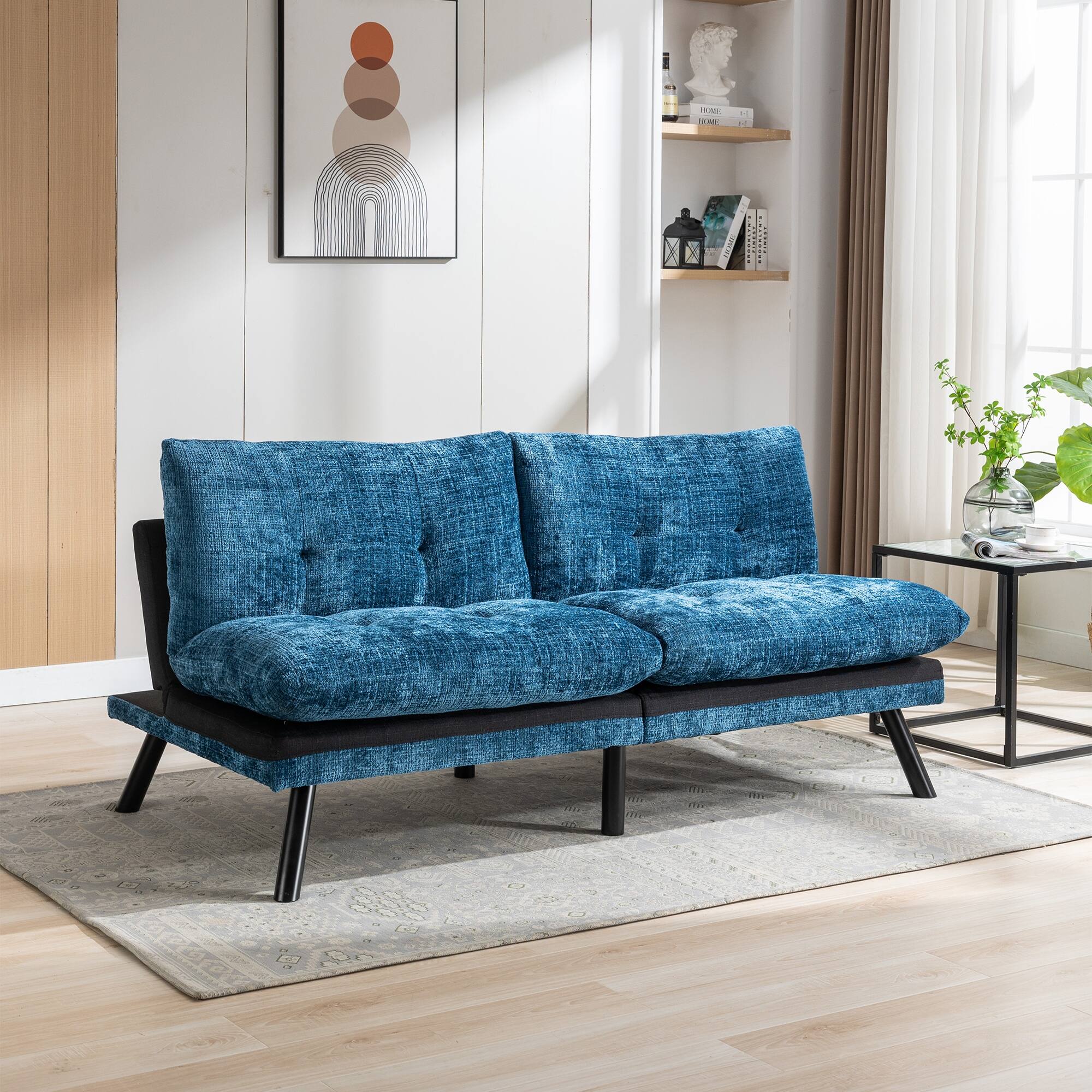 Blue Convertible Futon Sofa Bed Chenille, Three Adjustable Positions