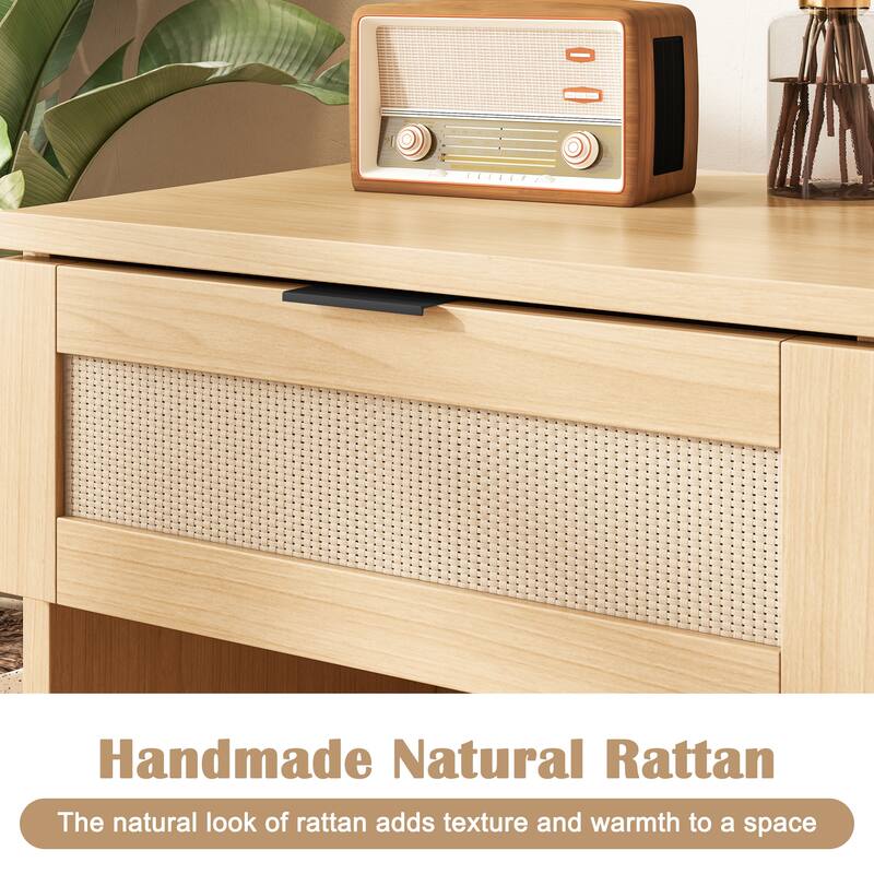 EROMMY Rattan Nightstand Set of 2, Boho Bedside Tables with Drawer and Open Shelf, 19.7" Wide End Tables for Bedroom