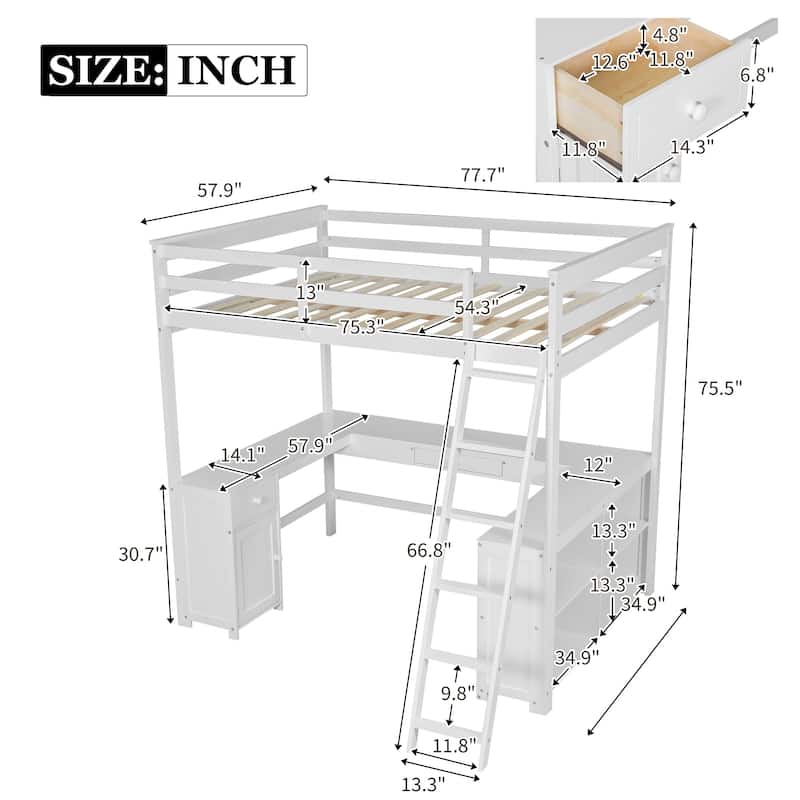 Full Loft Bed with U-Shaped Desk, Storage Drawers, Shelves, and Guardrails, Perfect for Kids and Teens, No Box Spring Needed