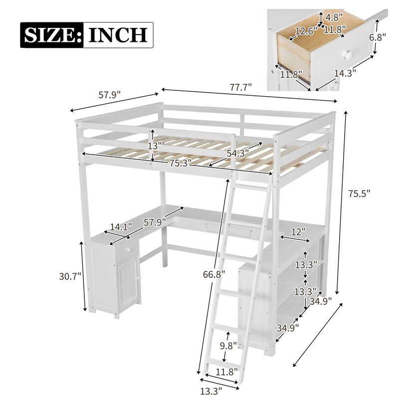 Full Size Loft Bed with U-shaped Desk, Drawers, and Storage Shelves in White