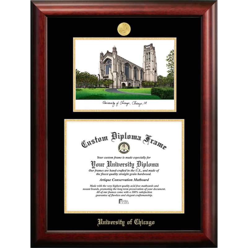 University of Chicago Gold Embossed 12w x 9h Diploma Frame with Campus Images Lithograph